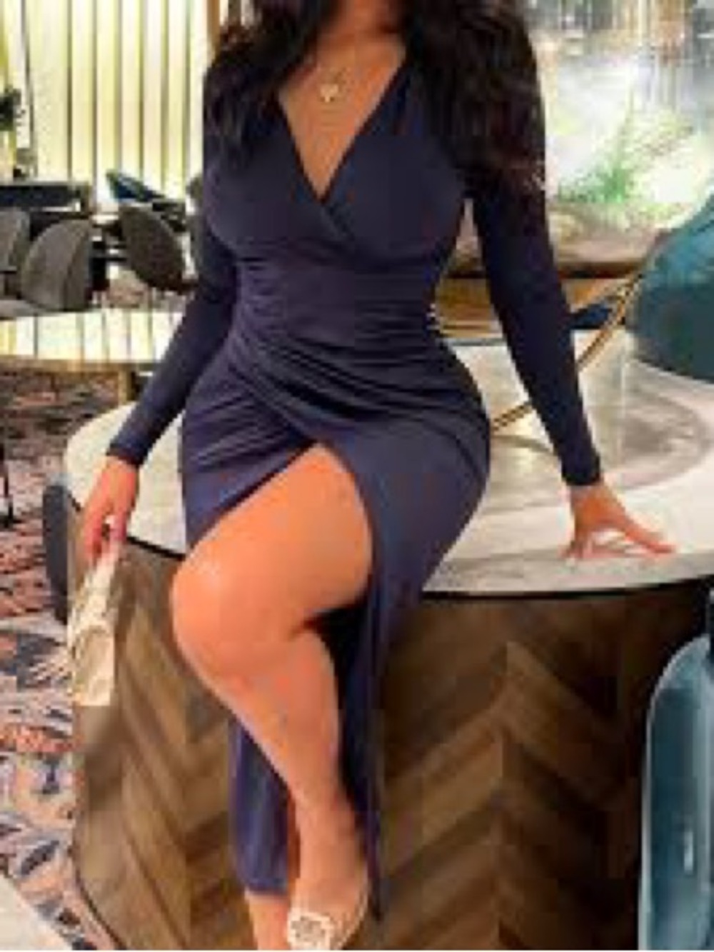 Fashion Nova Navy Long Sleeve Wrap Maxi Dress with High Slit